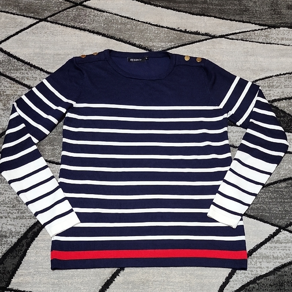 BENANCY GOLD METAL BUTTON COLOR-BLOCK STRIPE LIGHTWEIGHT SWEATER
